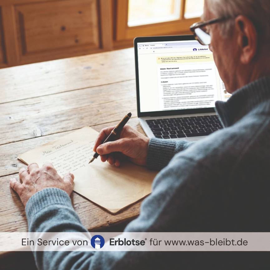 Mann schreibt Testament mithilfe des Erblotsen.
