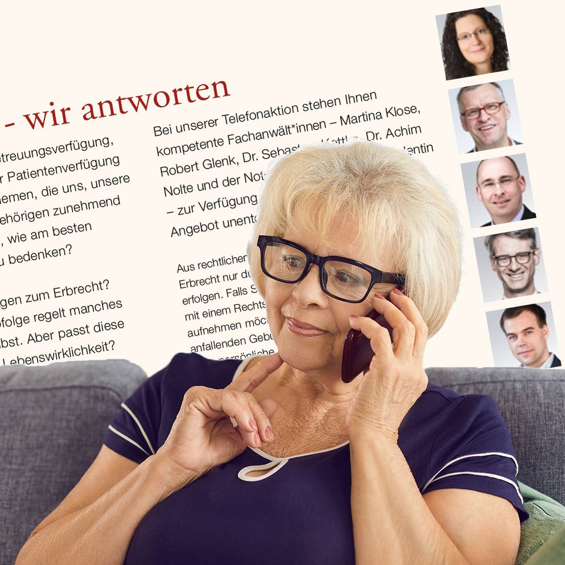 Quelle: Was bleibt./ELKB/Günter Gastner Eine ältere Frau telefoniert auf dem Sofa. Im Hintergrund sind die Anwälte der Telefonaktion zu sehen.