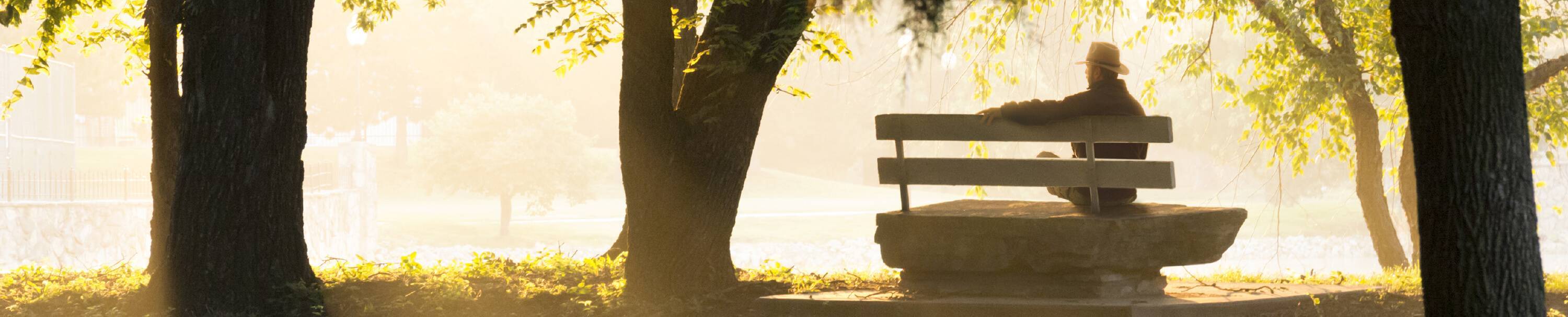 Mann mit Hut sitzt auf einer Bank in einem lichtdurchfluteten Wald