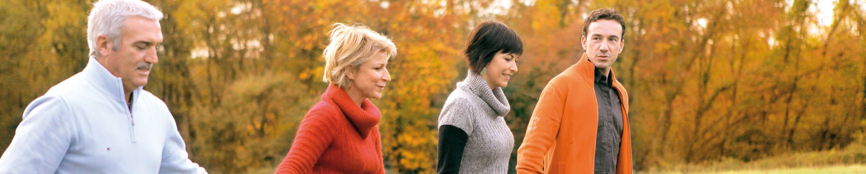 vier Erwachsene stehen im Wald und halten sich an den Händen